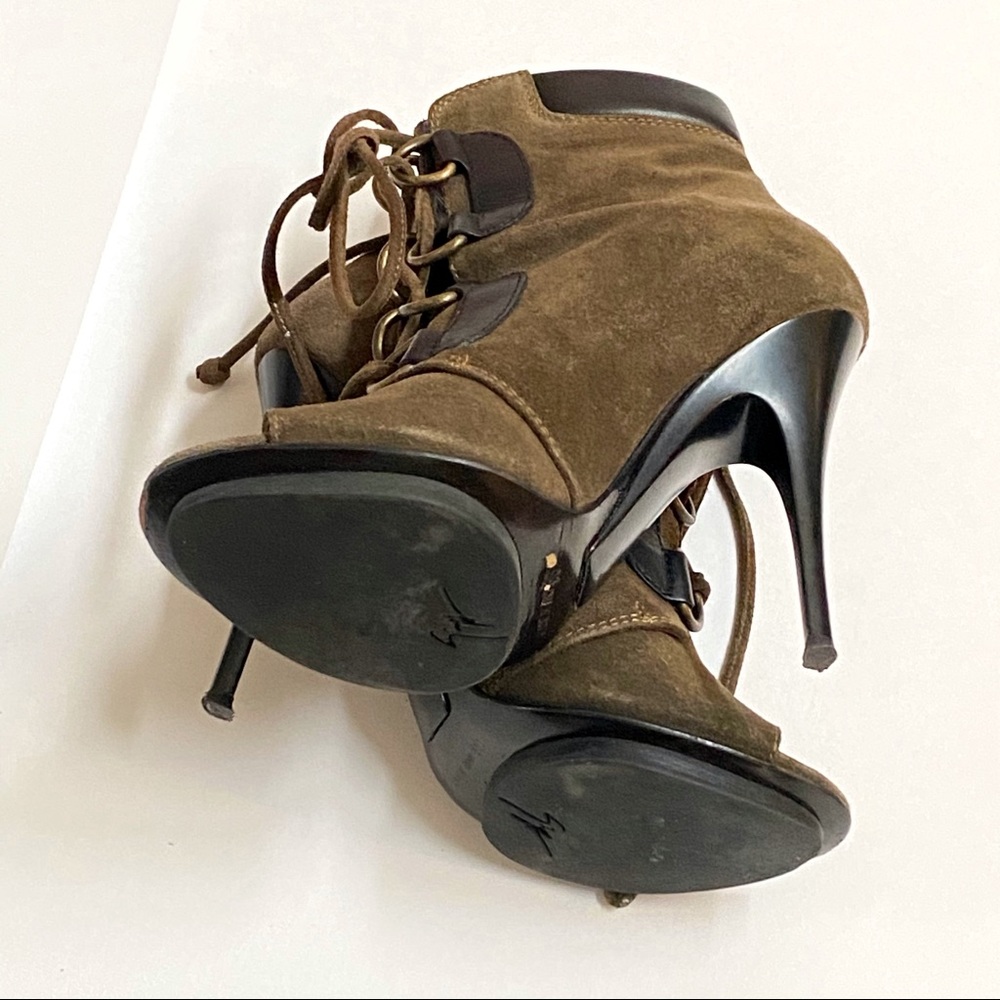 giuseppe zanotti green black suede leather lace up peep toe high heel ankle boot - Picture 7 of 9